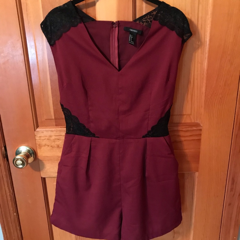 Forever 21 Maroon/Black Lace Romper